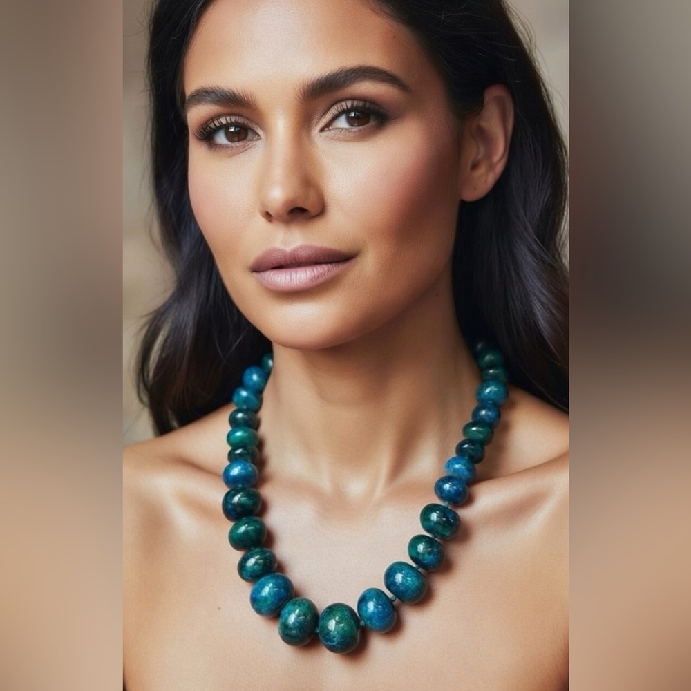 Chrysocolla Azurite Graduated Beaded Knotted Stone Necklace, 18”